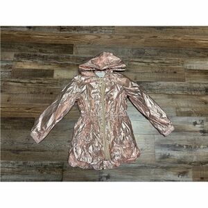 EUC CHOUPETTE Rose Gold Hooded Raincoat Windbreaker Coat Metallic 134 8 9